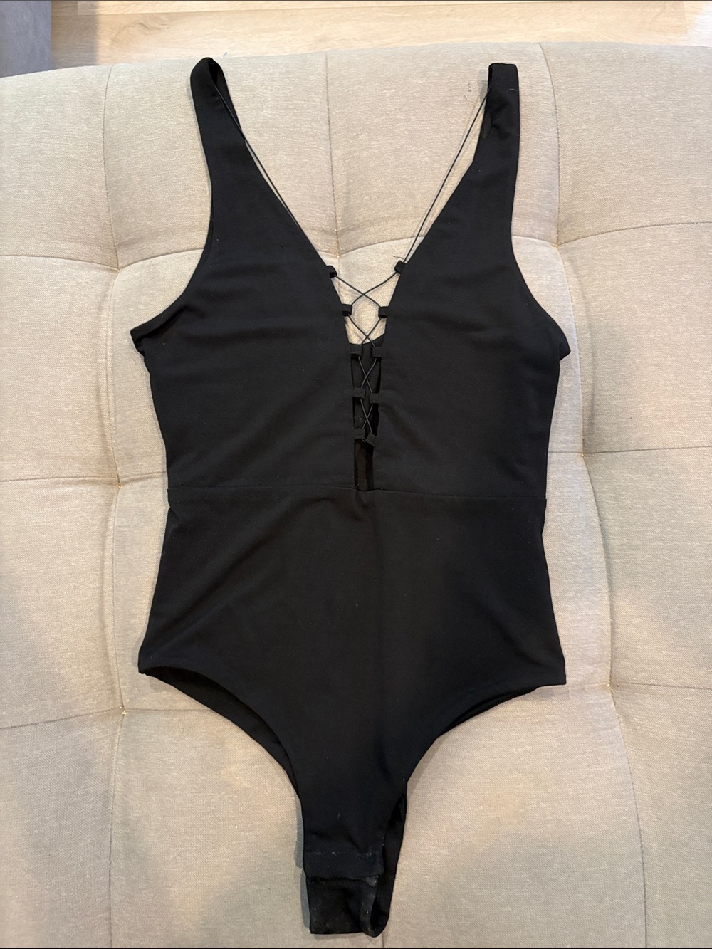 Black Lace-Up V-Neck One-Piece Bodysuit